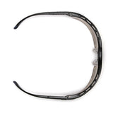 Top view of Pyramex Venture 3 Safety Glasses SB57 by Pyramex Safety, featuring black ventilated side frames, adjustable nose pads, and UV protection, arranged semi-circularly on a white background.