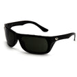 A pair of Pyramex Venture Gear Vallejo Sun Glasses VGSB9, featuring black frames with anti-fog scratch-resistant lenses and a small logo on the left arm, offering 99% UVA/B/C protection, rests on a white surface.