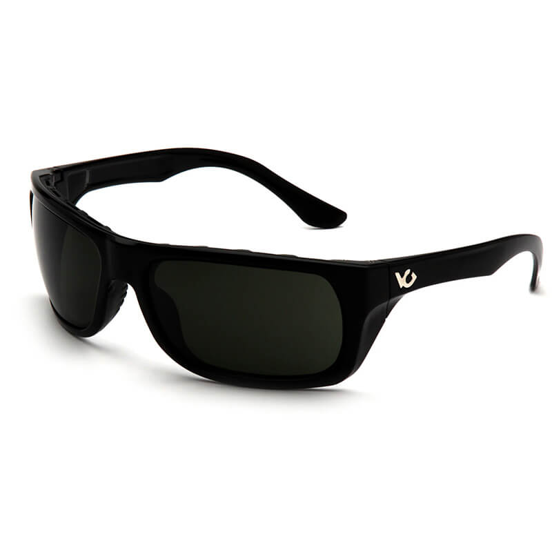 A pair of Pyramex Venture Gear Vallejo Sun Glasses VGSB9, featuring black frames with anti-fog scratch-resistant lenses and a small logo on the left arm, offering 99% UVA/B/C protection, rests on a white surface.