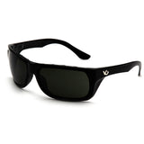 A pair of Pyramex Venture Gear Vallejo Sun Glasses VGSB9, featuring black frames with anti-fog scratch-resistant lenses and a small logo on the left arm, offering 99% UVA/B/C protection, rests on a white surface.