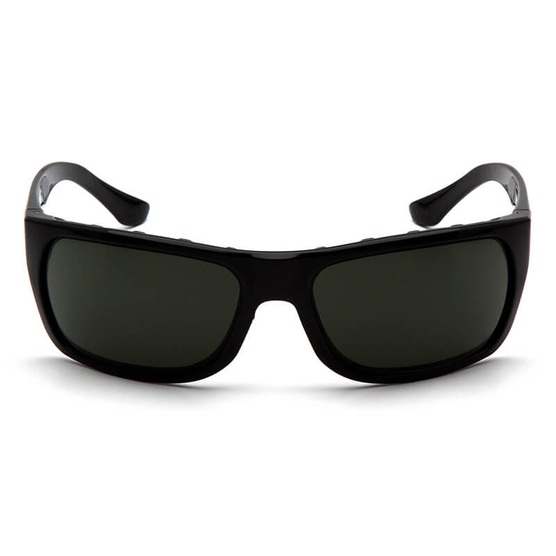 Pyramex Safety Venture Gear Vallejo Sun Glasses VGSB9, shown from the front with dark tinted lenses and black wraparound frames—perfect polarized eyewear for outdoor adventures. Comes in a box of 12.