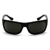 Pyramex Safety Venture Gear Vallejo Sun Glasses VGSB9, shown from the front with dark tinted lenses and black wraparound frames—perfect polarized eyewear for outdoor adventures. Comes in a box of 12.