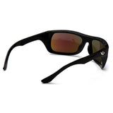 Pyramex Venture Gear Vallejo Sun Glasses VGSB9 by Pyramex Safety feature black wraparound frames, dark reflective polarized lenses, and a small white logo on the arm. Shown angled on a white background to display both front and side views.