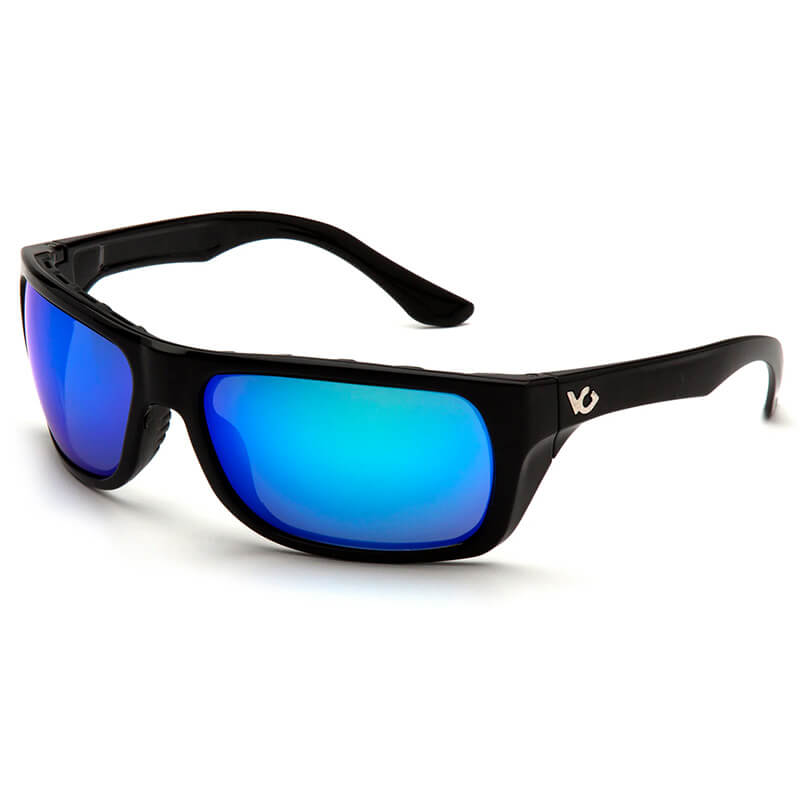 The Pyramex Venture Gear Vallejo Sun Glasses VGSB9 feature high-performance design with black frames and vibrant blue mirrored lenses. The Pyramex Safety brand logo is prominently displayed on both arms. Angled slightly to showcase both the front and side, these sunglasses offer anti-fog, scratch-resistant lenses for ultimate clarity.