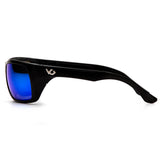 Side view of Pyramex Venture Gear Vallejo Sun Glasses VGSB9 by Pyramex Safety, featuring black polarized frames with blue reflective lenses and a silver logo on the arm. Sleek, sporty design shown against a plain white background.