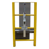 A close-up of the French Creek Production French Creek Vertical Flexible Cable Climbing System showing its yellow metal frame, central vertical plate, and galvanized wire rope with spring mechanism, as part of industrial safety equipment.