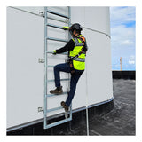 A worker in safety gear and helmet climbs a metal ladder with the Frontline Ladder Cable Vertical Lifeline System VLCS by Frontline Fall Protection, mounted on a large white industrial structure under a blue sky with clouds.
