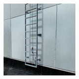 A Frontline Ladder Cable Vertical Lifeline System VLCS by Frontline Fall Protection is securely fixed in an upright position against a white wall, illustrating proper fixed ladder safety and restricted access. The wall and floor are clean and plain.