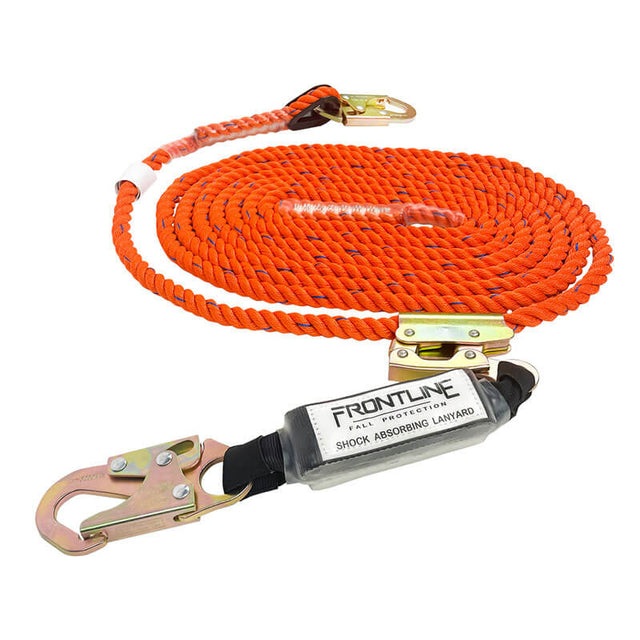An orange braided lanyard with metal clips, part of the Frontline Combat Complete Roofers Kit by Frontline Fall Protection, designed for fall protection with a safety harness or roof anchor in construction and industrial use.