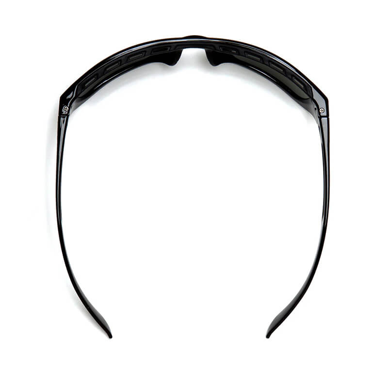 Pyramex Venture Gear Vallejo Sun Glasses VGSB9 by Pyramex Safety shown from above, highlighting the curved frame, arms, and ear rests on a plain white background. No lenses or branding are visible. Box contains 12 sunglasses.