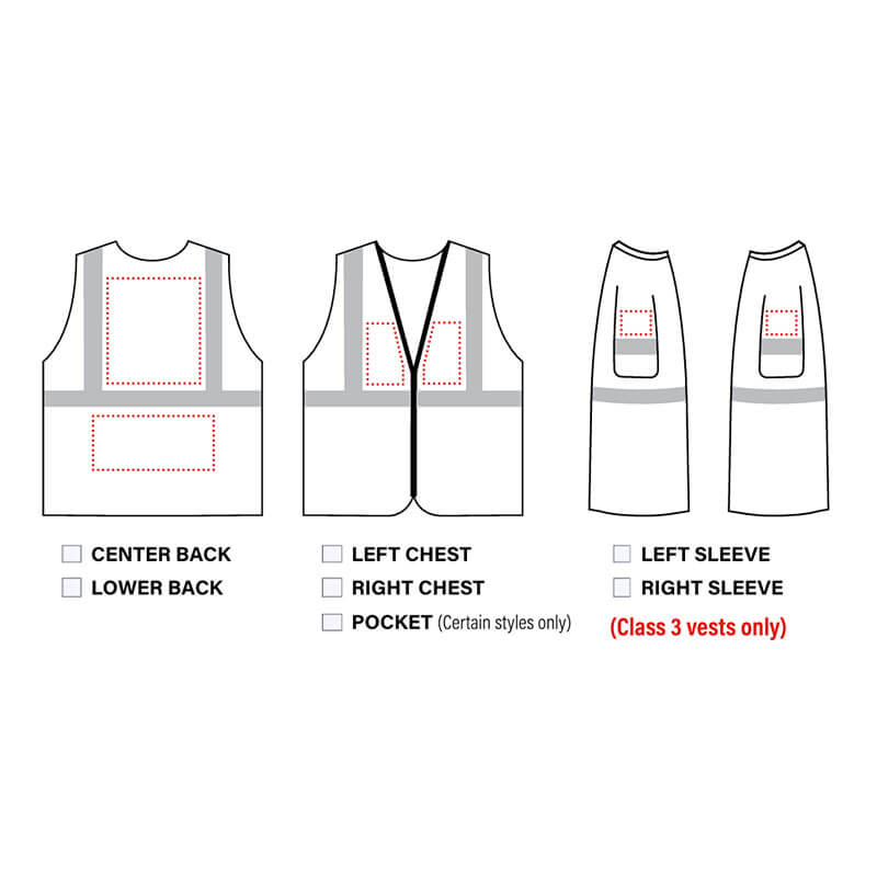 Diagram displays front, back, and side views of the PIP Type R Class 2 Two-Tone Mesh Personalized Vest by PIP, highlighting customizable areas: center back, lower back, left chest, right chest, pocket (no sleeve options for Class 2 vests).