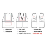 Diagram displays front, back, and side views of the PIP Type R Class 2 Two-Tone Mesh Personalized Vest by PIP, highlighting customizable areas: center back, lower back, left chest, right chest, pocket (no sleeve options for Class 2 vests).