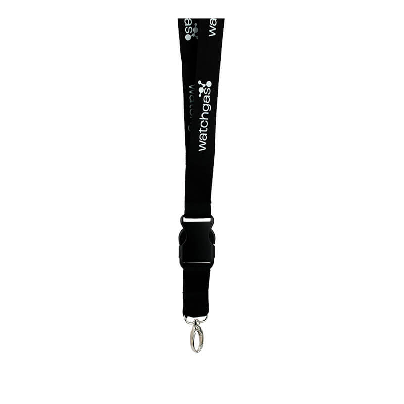 WatchGas Neck Lanyard w/Breakaway Safety (10/pack) by WatchGas—features a black breakaway safety lanyard with a metal clip and “WatchGas” printed in white text along the strap, perfect for securely carrying your gas detector or adding to your collection of SST accessories.