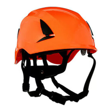 The 3M SecureFit Safety Helmet X500_-ANSI boasts a bright orange hue, equipped with black adjustable straps and ventilation holes suitable for construction or outdoor activities. Designed in a climbing-style, this helmet integrates Pressure Diffusion Technology to enhance protection and comfort.