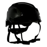 The 3M SecureFit Safety Helmet X500_-ANSI (10/case) is a stylish black helmet designed in a climbing style, featuring adjustable straps for enhanced safety and comfort. With its incorporation of Pressure Diffusion Technology, it's ideal for various activities requiring head protection, offering a modern design that aligns with the standards of 3M.