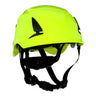 The hi-vis green 3M SecureFit Safety Helmet X500_-ANSI comes with black adjustable straps, ventilation slots, and Pressure Diffusion Technology for enhanced comfort.