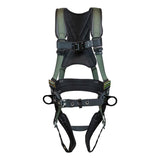 The French Creek STRATOS Construction Harness 22850B by French Creek Production is engineered for fall protection. It features padded shoulder straps and Strato-lite Padding for enhanced comfort. The harness includes adjustable buckles, secure waist and leg straps, and two metal attachment points, meeting OSHA and ANSI Standards. It comes in a stylish black and green color scheme.