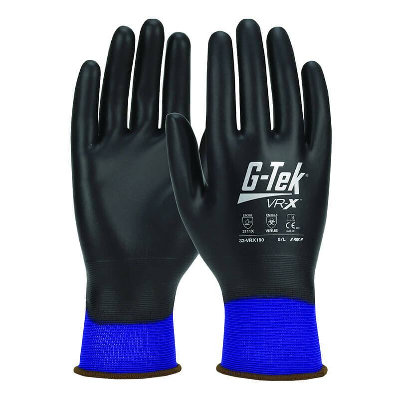 The PIP G-Tek VR-X Nylon Gloves 33-VRX180 in black, featuring blue cuffs, offer outstanding barrier protection. These gloves are arranged upright, showcasing multiple safety certification symbols and text indicating they are touchscreen-compatible.