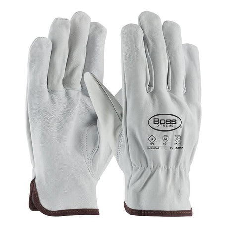 A pair of white work gloves with brown trim, showcasing the "PIP Boss Xtreme AR" branding and safety certifications on the back. Made from Goatskin Leather Drivers, these gloves provide a secure fit with gathered wrists, making them ideal for enhanced grip and durability on the job.