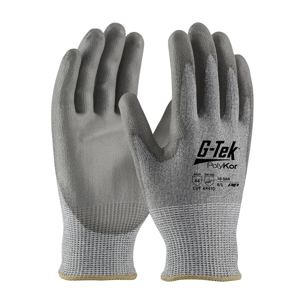 A pair of gray PIP G-Tek PolyKor Industry Grade PU Coated Flat Grip 16-564 gloves with black text highlighting model details. These seamless knit polyurethane-coated gloves provide superior cut resistance, featuring a rubber-like coating on the palm and fingers for excellent grip, along with an elastic cuff at the wrist.