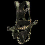 The French Creek Stratos Series Harness 22850BH-ALT from French Creek Production provides safety and comfort with its adjustable black and dark green straps, multiple buckles, and metallic rings for secure fastening. This professional full-body harness is specifically designed to ensure protection in high-risk work environments.