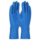 The PIP Grippaz Food Plus Nitrile Glove w/Textured Fish Scale Grip 67-308 from Protective Industrial Products showcases a pair of blue nitrile gloves positioned upright with fingers facing upwards. These gloves feature a smooth texture with a slightly matte finish and incorporate a fish scale grip, providing tear resistance and making them ideal for cleaning or protective use.