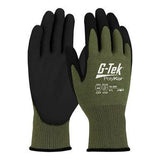 A pair of PIP G-Tek PolyKor X7 MicroSurface Grip gloves, offering a Level A3 cut resistance. These olive green gloves, identified as product 16-399, have black palms and fingers that are touchscreen compatible and feature printed specifications on the back of one glove.