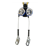 Two French Creek 8’ Class 2 Personal SRL XR_-8LE units by French Creek Production, featuring dual-leg design and galvanized steel cable lifeline, are mounted on a black and yellow bracket for fall protection in construction or industrial settings.