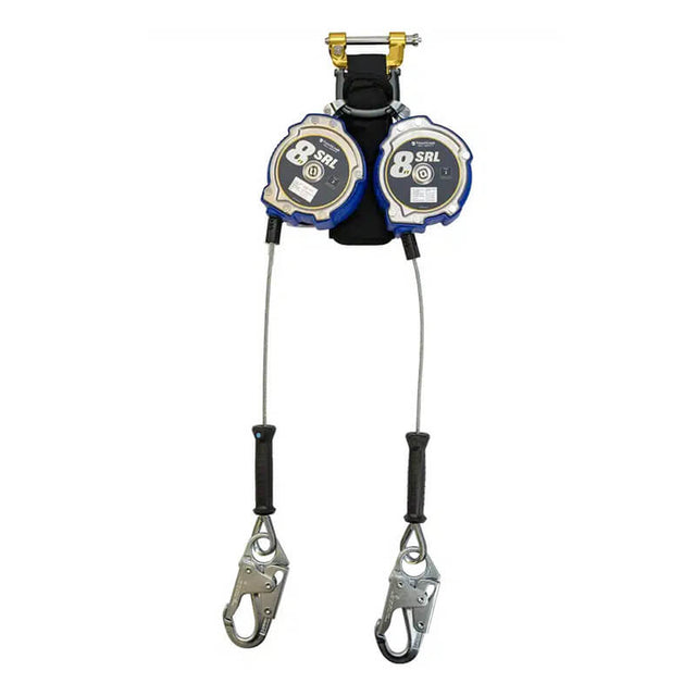 Two French Creek 8’ Class 2 Personal SRL XR_-8LE units by French Creek Production, featuring dual-leg design and galvanized steel cable lifeline, are mounted on a black and yellow bracket for fall protection in construction or industrial settings.