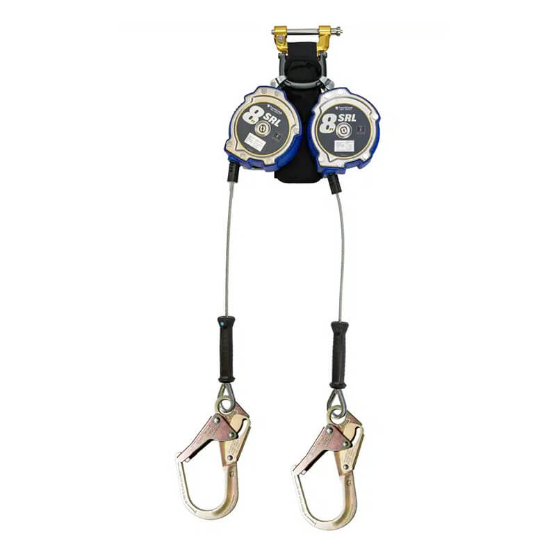 The French Creek 8’ Class 2 Personal SRL XR_-8LE by French Creek Production features dual galvanized steel cable lifelines with blue and black casings, metal snap hooks, a central connector, and provides dual-leg fall protection.