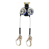 The French Creek 8’ Class 2 Personal SRL XR_-8LE by French Creek Production features dual galvanized steel cable lifelines with blue and black casings, metal snap hooks, a central connector, and provides dual-leg fall protection.