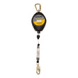 The French Creek Production Outlaw 30 Ft Leading Edge SRL XR-30LEG features a galvanized steel cable with a carabiner at the top and a metallic hook at the bottom. The yellow label prominently displays product information, providing reliable safety on every job.