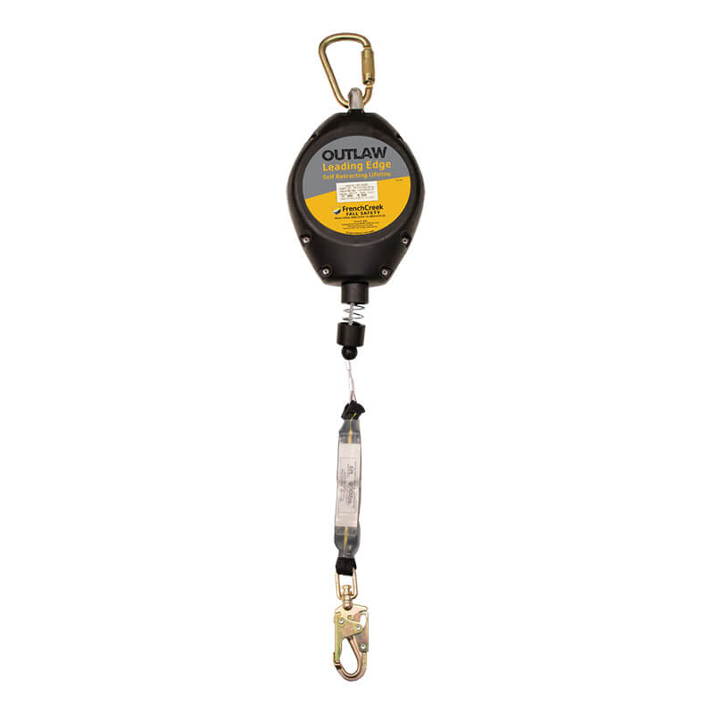 The French Creek Production Outlaw 30 Ft Leading Edge SRL XR-30LEG features a galvanized steel cable with a carabiner at the top and a metallic hook at the bottom. The yellow label prominently displays product information, providing reliable safety on every job.