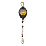 The French Creek Production Outlaw 30 Ft Leading Edge SRL XR-30LEG features a galvanized steel cable with a carabiner at the top and a metallic hook at the bottom. The yellow label prominently displays product information, providing reliable safety on every job.