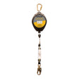 The "French Creek Outlaw 50 Ft Leading Edge SRL XR-50LEG" from French Creek Production features an eye-catching yellow and black design. It comes equipped with several carabiners, connectors, and a robust galvanized steel cable, with safety information prominently displayed on the label.