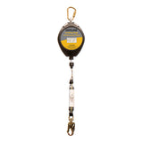 The "French Creek Outlaw 50 Ft Leading Edge SRL XR-50LEG" from French Creek Production features an eye-catching yellow and black design. It comes equipped with several carabiners, connectors, and a robust galvanized steel cable, with safety information prominently displayed on the label.