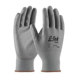 A pair of PIP - Protective Industrial Products G-Tek GP Nylon Polyurethane Coated Gloves 33-G125 in gray, featuring "G-Tek GP" on the back and a speckled cuff design. These gloves provide excellent grip and abrasion resistance, ideal for tasks demanding both safety and dexterity. Crafted from flexible, durable materials, they are an outstanding choice for work environments.