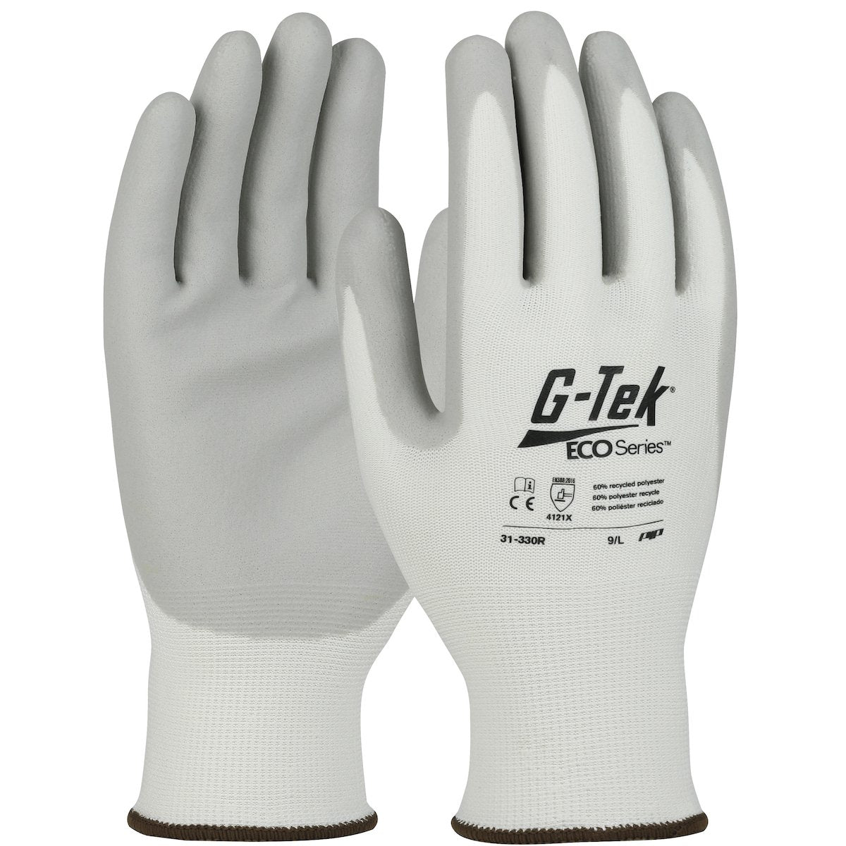 Introducing the PIP G-Tek ECO Yarn/Spandex Foam Grip Gloves 31-330R, available in a set of 12 pairs. Manufactured by Protective Industrial Products (PIP), these work gloves combine gray and white recycled yarn with a spandex foam grip. Detailed size information and safety certifications are prominently displayed, making these environmentally conscious gloves perfect for industrial or manual labor tasks.