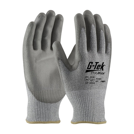 These gray work gloves, known as "PIP G-Tek PolyKor Industry Grade," have a polyurethane-coated palm and fingers. Designed for superior protection and grip, they feature cut resistance and a textured fabric on the cuffs.