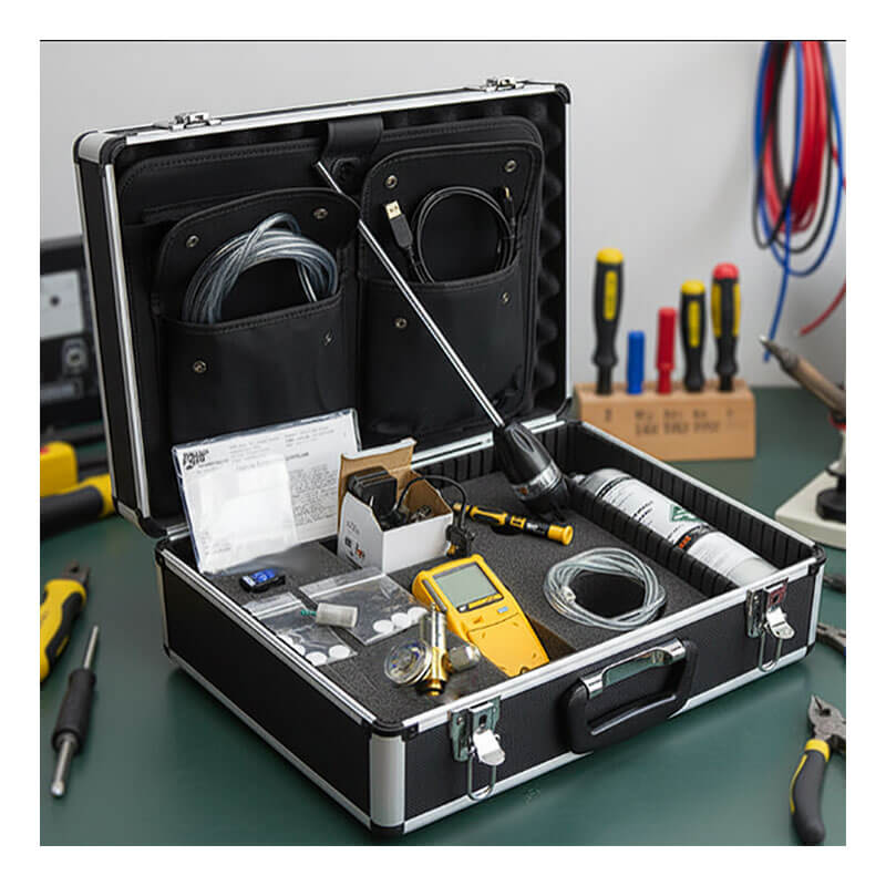 An open black tool case on a workbench contains a BW Technologies by Honeywell GasAlert Max XT II Complete Confined Space Kit, XT-XWHM-Y-NA-CS, along with cables, manuals, tools, and components. Screwdrivers and pliers are also seen in the background.