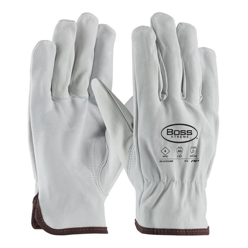 A pair of PIP Boss Xtreme AR Goatskin Drivers, featuring white leather with brown trim at the cuffs and a durable para-aramid lining. The "Boss Extreme" logo and ARC protection safety standard symbols are printed on the back of the right glove, with one glove displayed palm up and the other palm down.