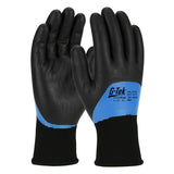 The PIP G-Tek PolyKor gloves with an acrylic liner and double-dipped nitrile foam grip, branded by Protective Industrial Products, showcase black coloring with blue accents. These touchscreen-compatible gloves are designed to stand upright and deliver exceptional performance in cold weather settings.