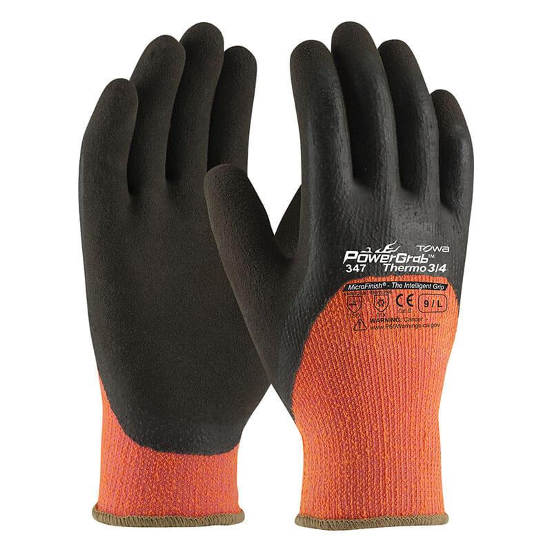 The PIP PowerGrab Thermo 3/4 Gloves 41-1475 (12 pairs), by Protective Industrial Products, provide cold weather protection with their orange knit fabric and Latex MicroFinish Grip. These durable gloves feature a black rubber coating on the palms and fingers, with safety labels and product details clearly visible on the back.