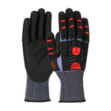 Introducing the PIP G-Tek PolyKor X7 Impact Protection NeoFoam Coated Gloves, model 16-MP585. This pair of black and gray gloves features red protective padding on the fingers and knuckles, with a ribbed cuff for a secure fit. The left glove showcases the NeoFoam-coated palm, while the right glove displays the back, emphasizing its impact protection design. Brought to you by PIP - Protective Industrial Products.