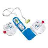 The ZOLL AED Plus Defibrillator Package 8000-0040_ _-01 includes adhesive electrode pads with illustrated adult chest placement instructions, connected by a wire, designed for use with the ZOLL AED Plus from ZOLL.