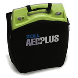 A ZOLL AED Plus Defibrillator Package 8000-0040_ _-01 by ZOLL is shown in a black carrying case, with “ZOLL AED PLUS” visible on the front and the green and yellow device above the zippered cover, highlighting Real CPR Help features.