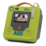 The ZOLL AED 3 Defibrillator Package 8511-00110_-01 by ZOLL is green, features a display with CPR instructions and user icons, has an attached side cable, and a top handle for easy carrying.