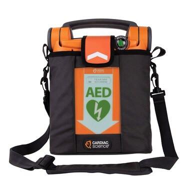 The ZOLL Powerheart G5 AED Defibrillator Package G5_-80C-S is a portable emergency heart treatment device with a carry handle and shoulder strap, featuring Intellisense CPR technology and branded by ZOLL.