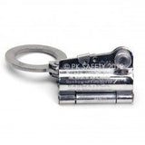 Close-up image of a stainless steel safety clasp with an attached metal loop, displaying the text "PK Safety 2011" engraved on its surface. The clasp appears designed for industrial applications, potentially as part of the Miller Stainless Steel Rope Grab, 8174/U by Miller Fall Protection for fall protection systems.