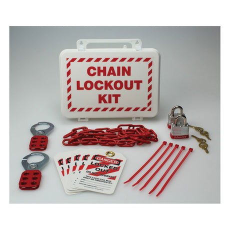 The Accuform Chain Lockout Kit by AccuformNMC, which comes in a white case adorned with red text, features multiple steel padlocks with keys, red chains, lockout hasps, warning tags, and cable ties. The kit is meticulously organized to facilitate seamless maintenance safety procedures.